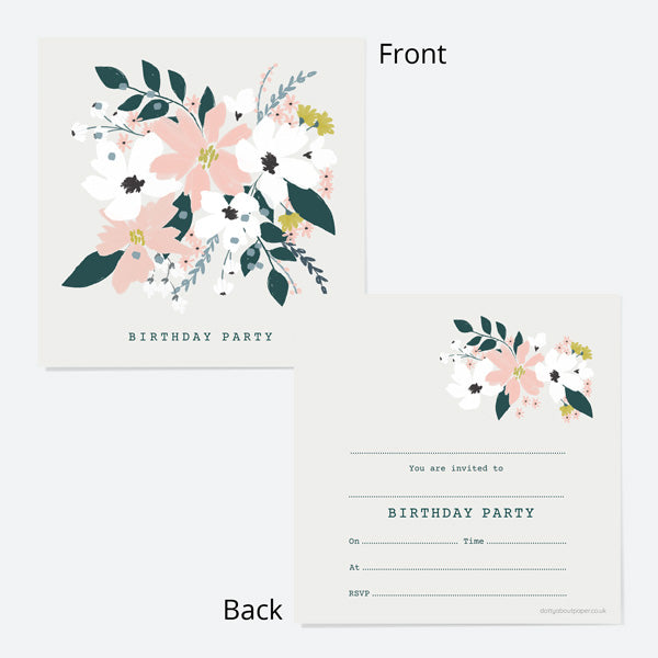 Ready To Write Birthday Invitations - Blush Modern Floral - Bouquet - Pack of 10