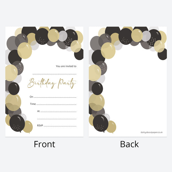 Ready To Write Birthday Invitations - Gold Balloon Arch - Pack of 10