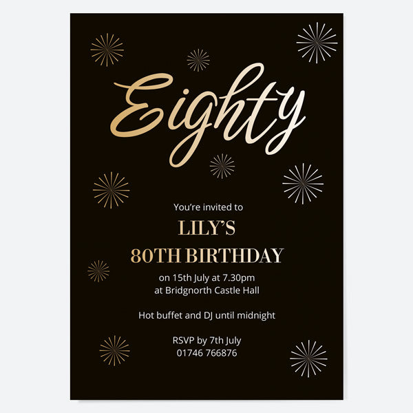 80th Birthday Invitations - Gold Deluxe - Script Typography - Pack of 10
