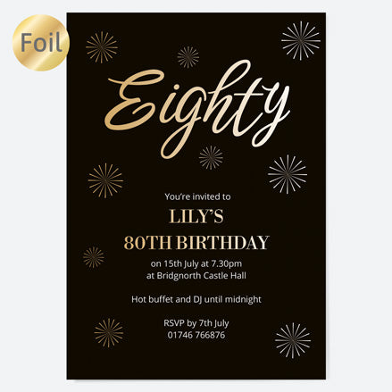 80th Birthday Invitations - Gold Deluxe - Script Typography - Pack of 10