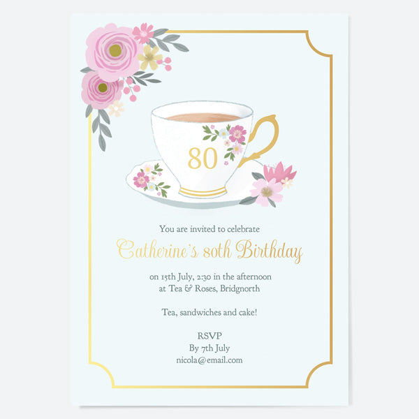 Birthday Invitations - China Cup - Luxury Foil Tea Party - Pack of 10