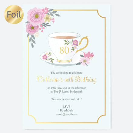 Birthday Invitations - China Cup - Luxury Foil Tea Party - Pack of 10