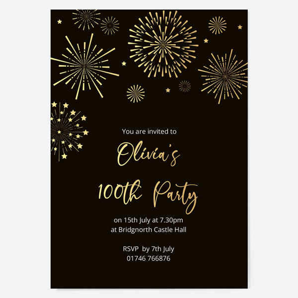 100th Birthday Invitations - Gold Deluxe - Black Fireworks - Pack of 10