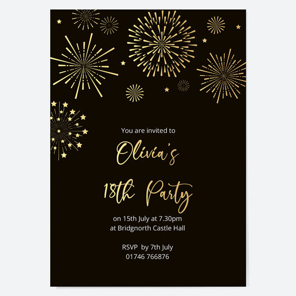 18th Birthday Invitations - Gold Deluxe - Black Fireworks - Pack of 10