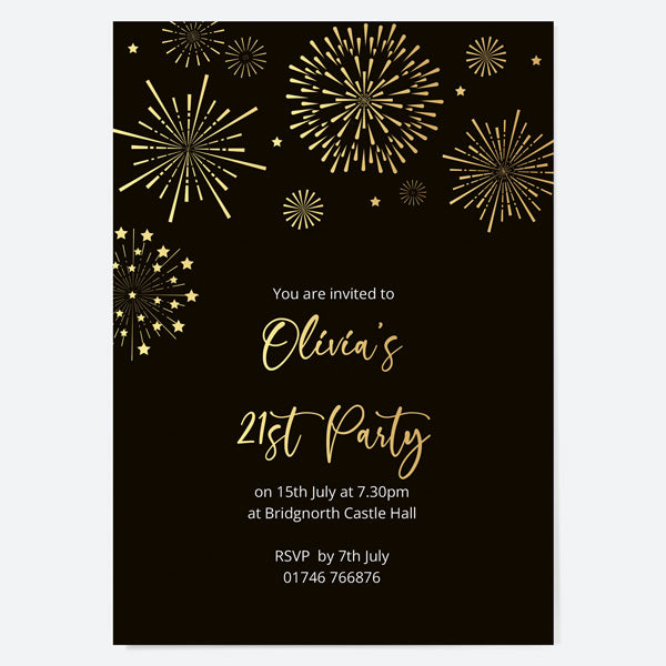 21st Birthday Invitations - Gold Deluxe - Black Fireworks - Pack of 10