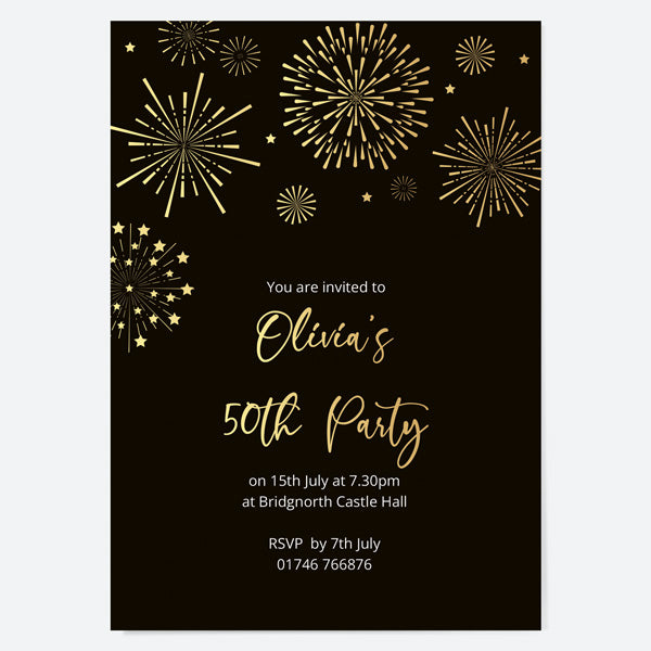 50th Birthday Invitations - Gold Deluxe - Black Fireworks - Pack of 10