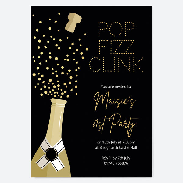 21st Birthday Invitations - Gold Deluxe - Champagne Fizz - Pack of 10