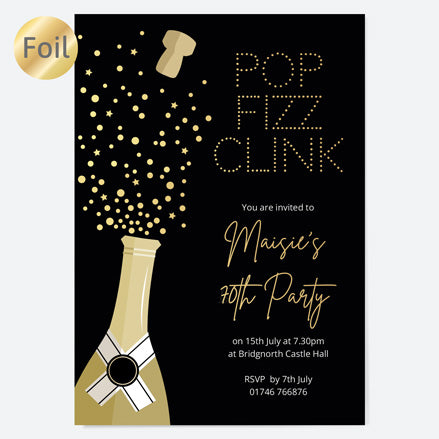 70th Birthday Invitations - Gold Deluxe - Champagne Fizz - Pack of 10