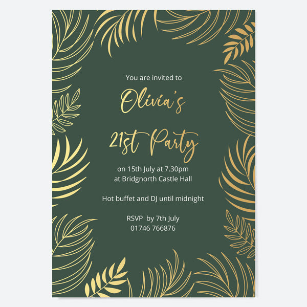 21st Birthday Invitations - Gold Deluxe - Green Leaf Border - Pack of 10