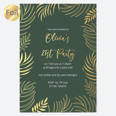 21st Birthday Invitations - Gold Deluxe - Green Leaf Border - Pack of 10