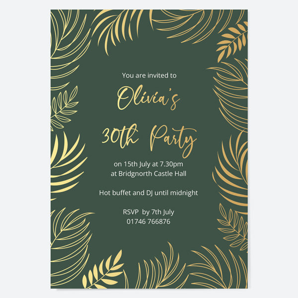 30th Birthday Invitations - Gold Deluxe - Green Leaf Border - Pack of 10