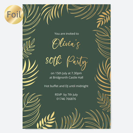 80th Birthday Invitations - Gold Deluxe - Green Leaf Border - Pack of 10