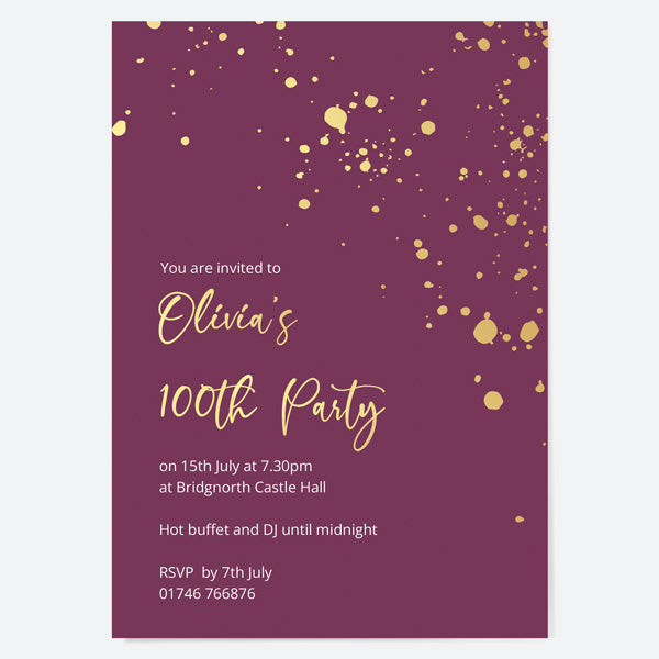 100th Birthday Invitations - Gold Deluxe - Mauve Paint Splash - Pack of 10