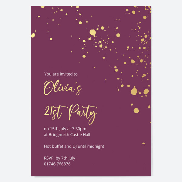 21st Birthday Invitations - Gold Deluxe - Mauve Paint Splash - Pack of 10