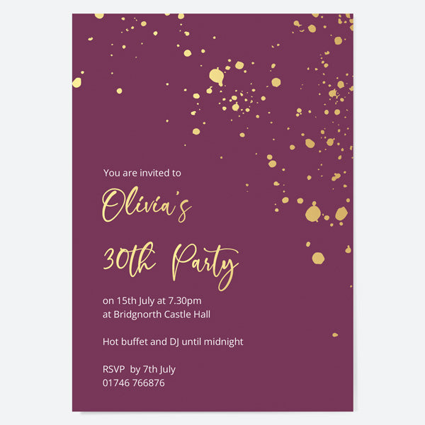 30th Birthday Invitations - Gold Deluxe - Mauve Paint Splash - Pack of 10