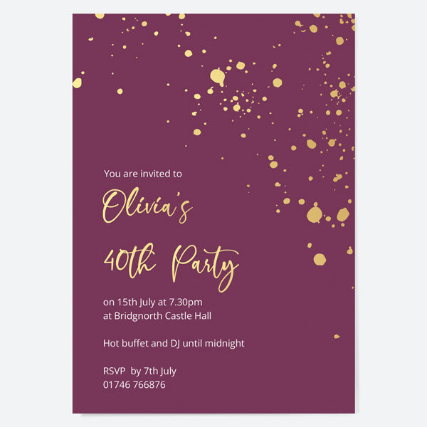 40th Birthday Invitations - Gold Deluxe - Mauve Paint Splash - Pack of 10