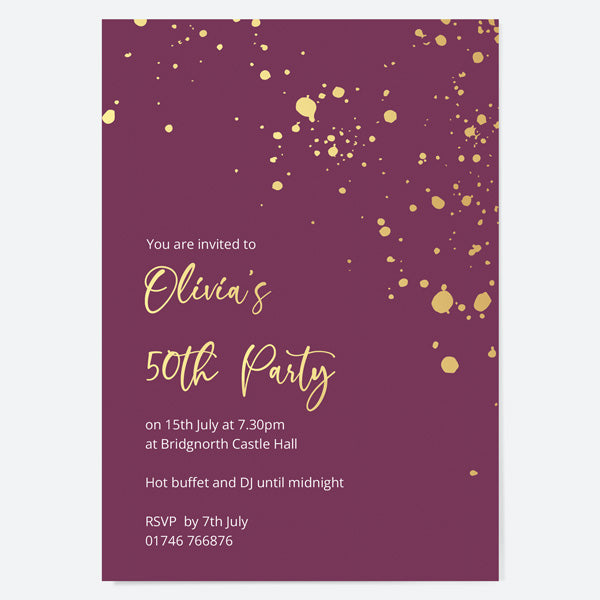 50th Birthday Invitations - Gold Deluxe - Mauve Paint Splash - Pack of 10