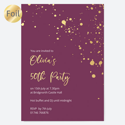 50th Birthday Invitations - Gold Deluxe - Mauve Paint Splash - Pack of 10