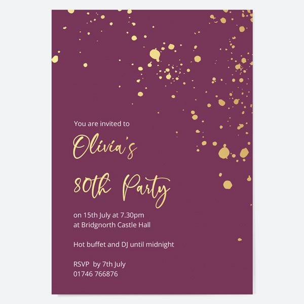 80th Birthday Invitations - Gold Deluxe - Mauve Paint Splash - Pack of 10