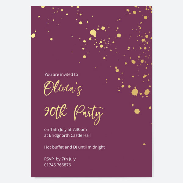 90th Birthday Invitations - Gold Deluxe - Mauve Paint Splash - Pack of 10