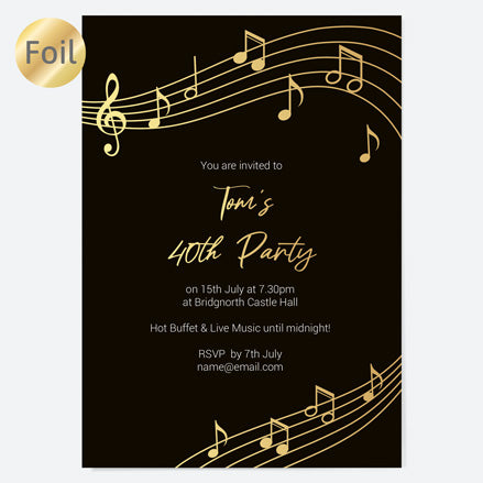 40th Birthday Invitations - Gold Deluxe - Music Notes - Pack of 10