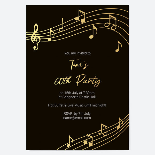 60th Birthday Invitations - Gold Deluxe - Music Notes - Pack of 10