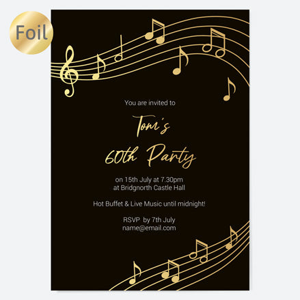 60th Birthday Invitations - Gold Deluxe - Music Notes - Pack of 10