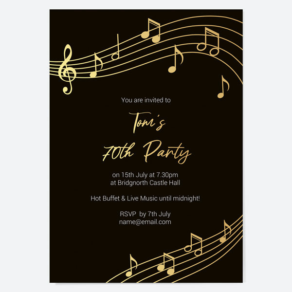 70th Birthday Invitations - Gold Deluxe - Music Notes - Pack of 10