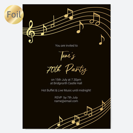 70th Birthday Invitations - Gold Deluxe - Music Notes - Pack of 10