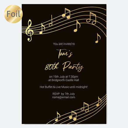 80th Birthday Invitations - Gold Deluxe - Music Notes - Pack of 10