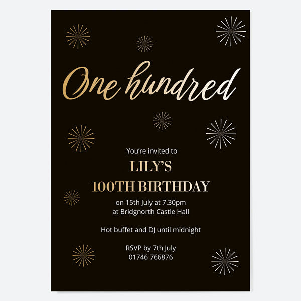 100th Birthday Invitations - Gold Deluxe - Script Typography - Pack of 10