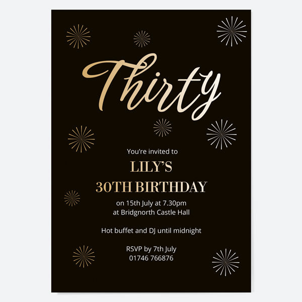 30th Birthday Invitations - Gold Deluxe - Script Typography - Pack of 10