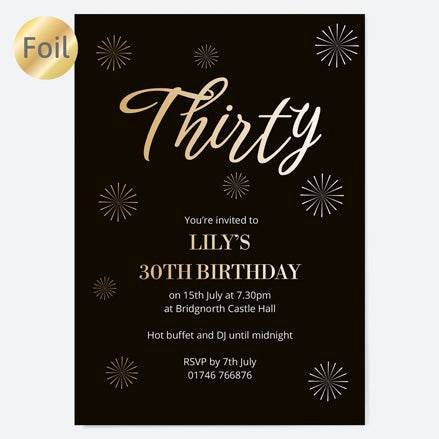 30th Birthday Invitations - Gold Deluxe - Script Typography - Pack of 10
