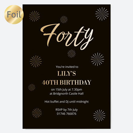 40h Birthday Invitations - Gold Deluxe - Script Typography - Pack of 10