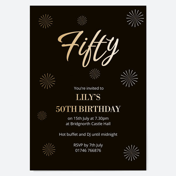 50th Birthday Invitations - Gold Deluxe - Script Typography - Pack of 10