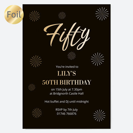 50th Birthday Invitations - Gold Deluxe - Script Typography - Pack of 10