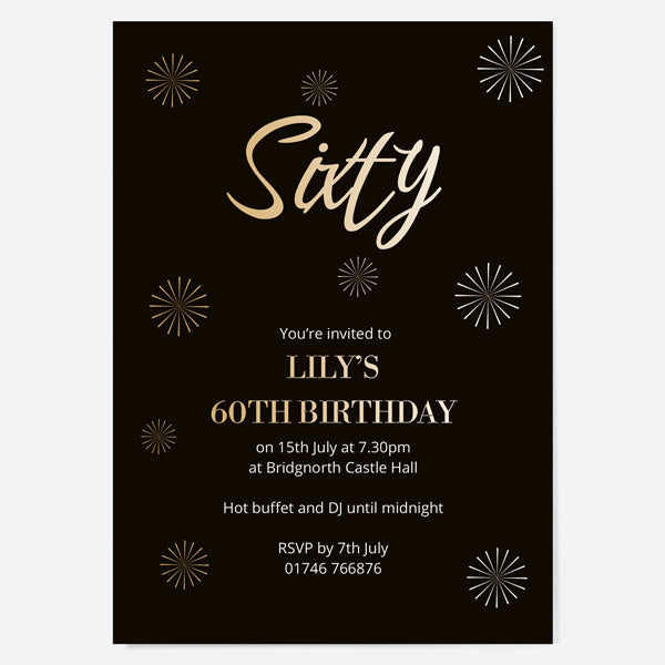 60th Birthday Invitations - Gold Deluxe - Script Typography - Pack of 10