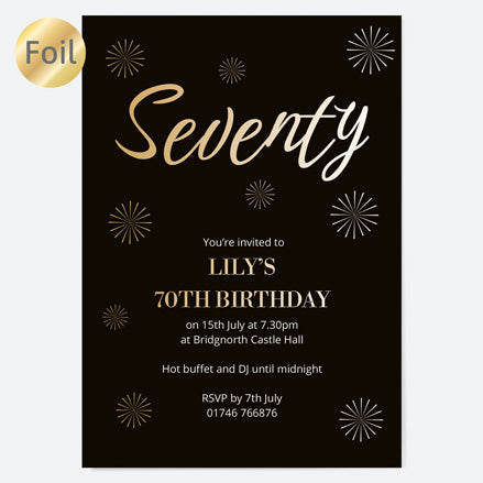 70th Birthday Invitations - Gold Deluxe - Script Typography - Pack of 10