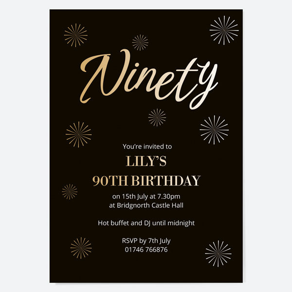 90th Birthday Invitations - Gold Deluxe - Script Typography - Pack of 10
