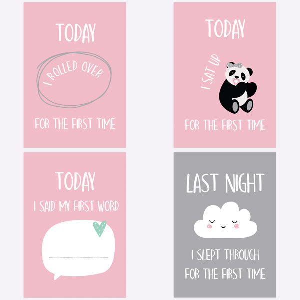 Baby Milestone Cards Phrases - Pack of 12 - Girls Pink & Grey