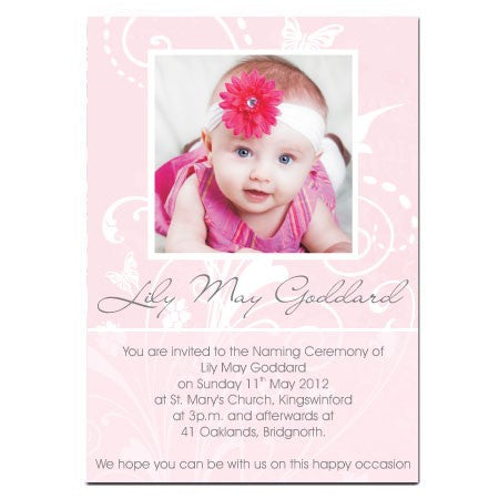 Naming Ceremony Invitations - Pink Butterfly Use Own Photo - Pack of 10