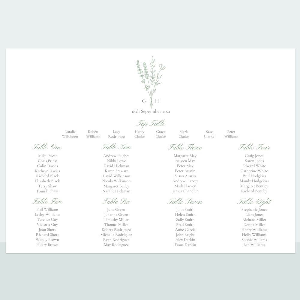 Wildflower Monogram - Table Plan - Fast Delivery at Dotty About Paper