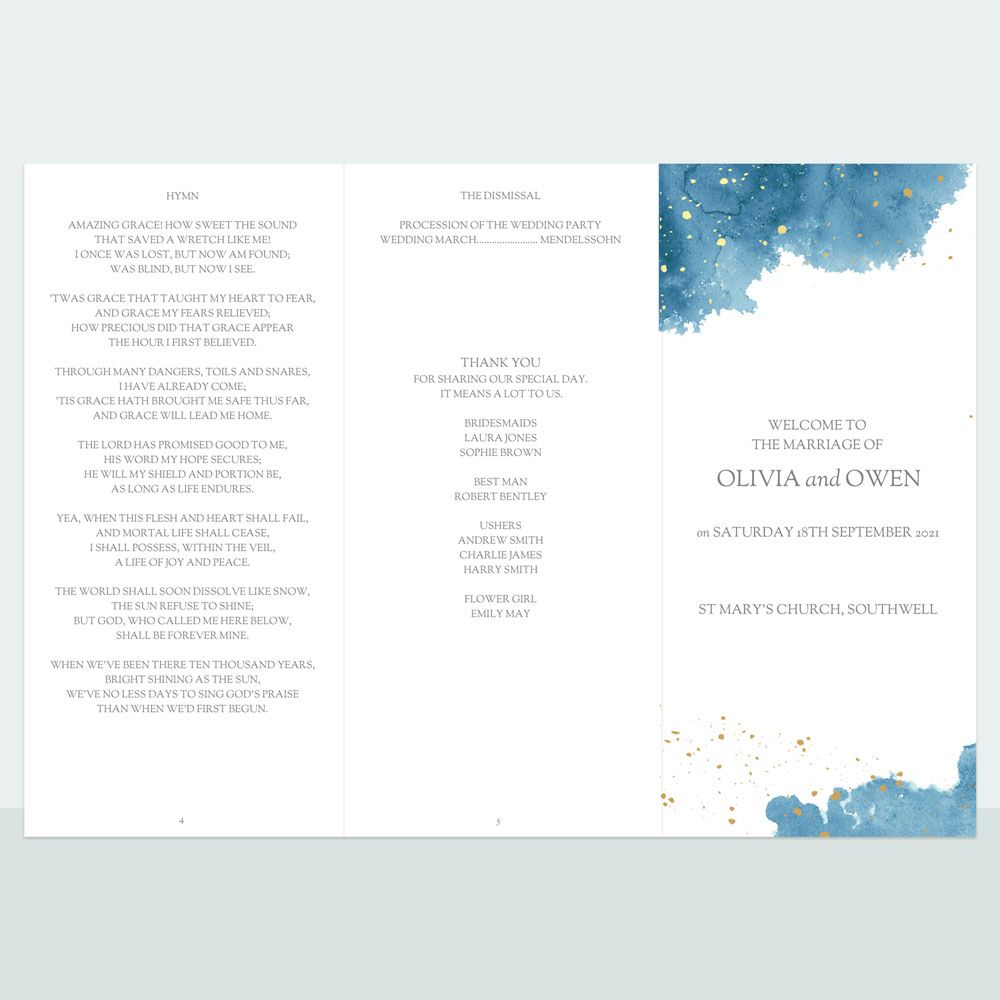 Blue Inkwash - Foil Order Of Service Concertina