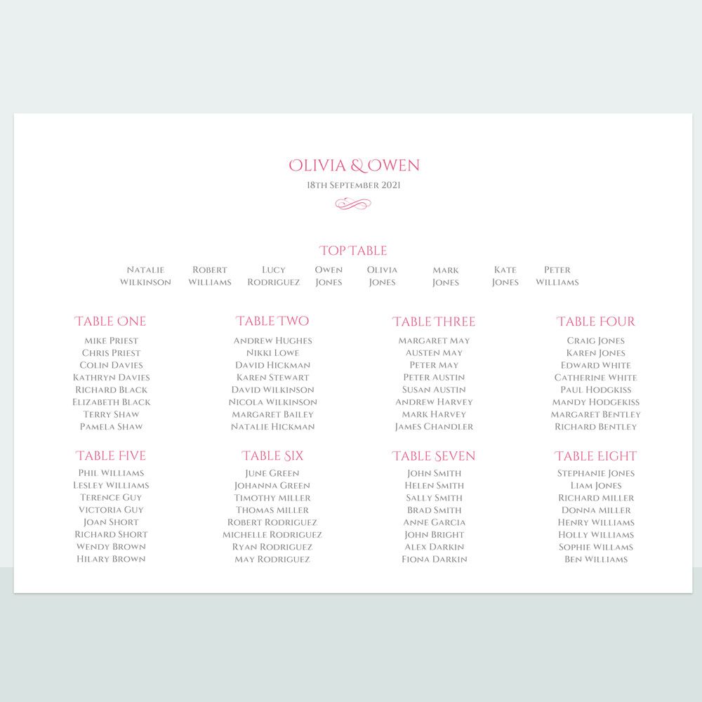 Typography Table Formal Typography Bespoke - Table Plan - Fast Delivery at Dotty About Paper