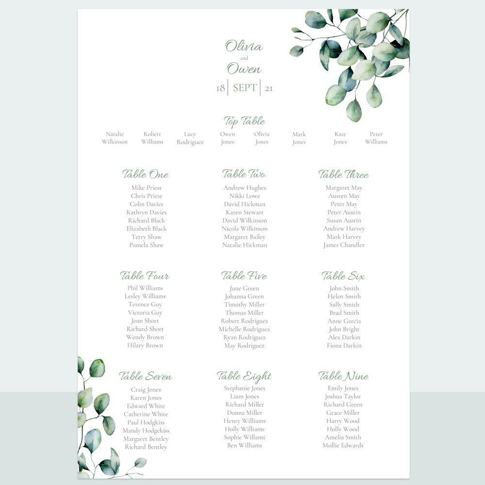 Eucalyptus - Table Plan - Fast Delivery at Dotty About Paper