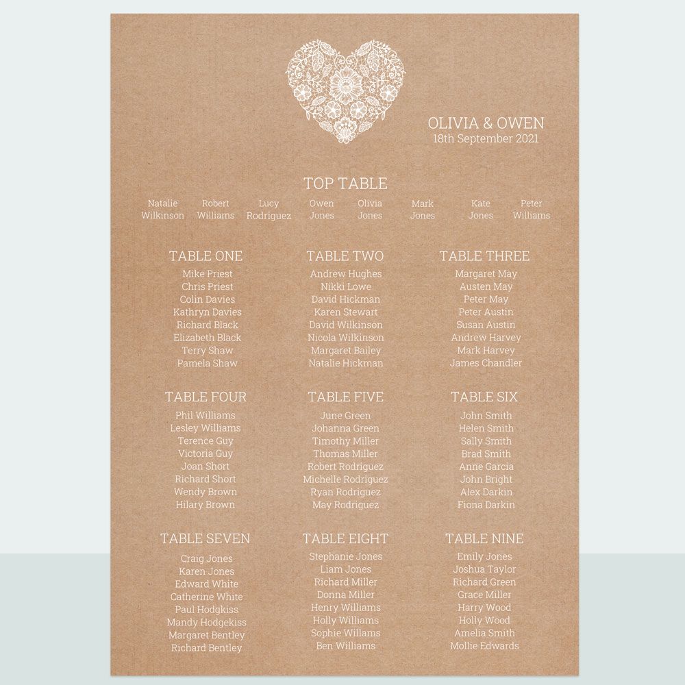 Rustic Lace Heart - Table Plan