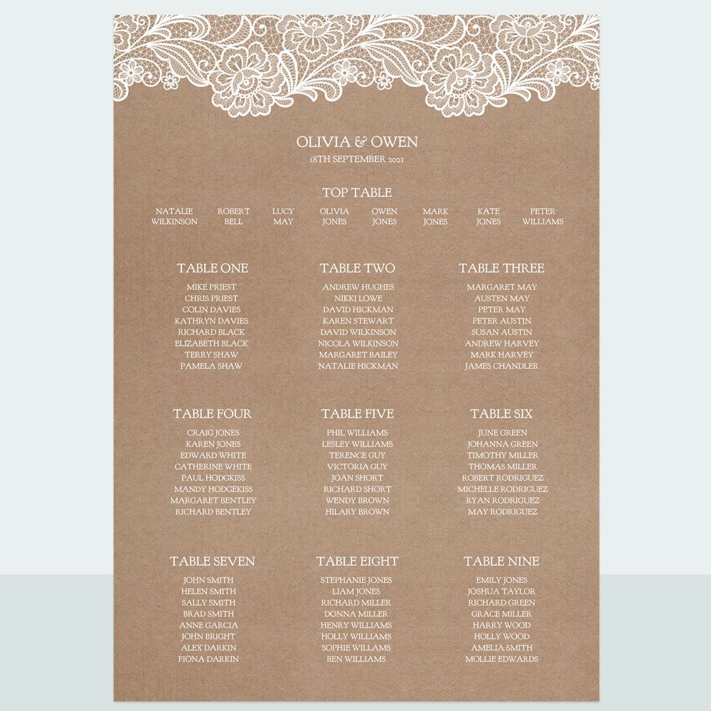 Traditional Rustic Lace - Table Plan - Fast Delivery at Dotty About Paper