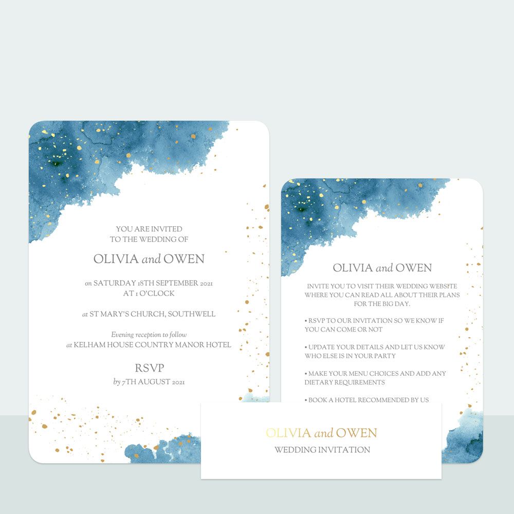 Blue Inkwash - Foil Wedding Invitation & Information Card Suite