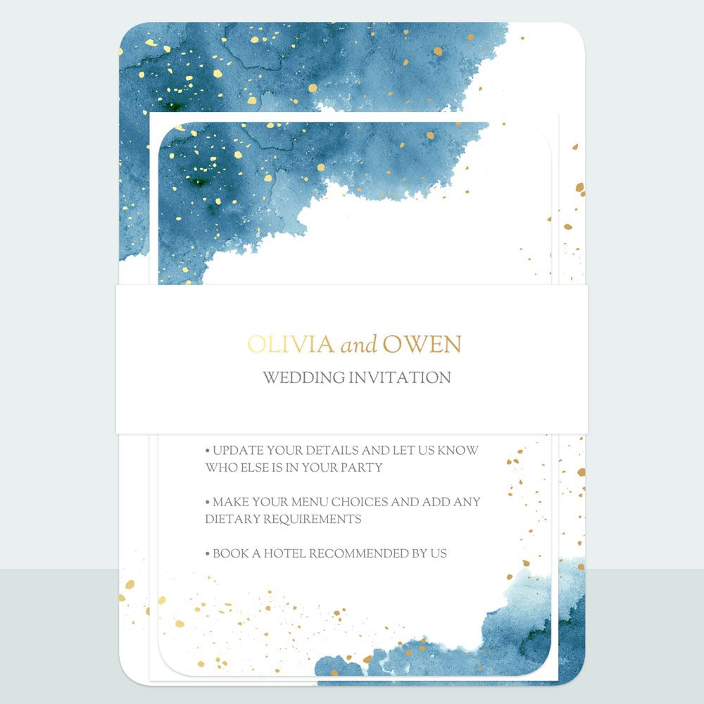 Blue Inkwash - Foil Wedding Invitation & Information Card Suite