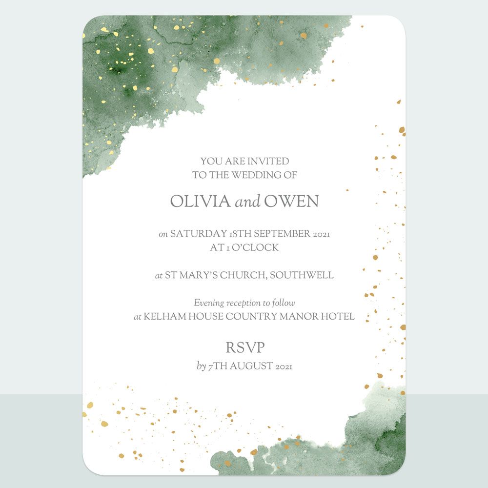 Green Inkwash - Foil Wedding Invitation & Information Card Suite